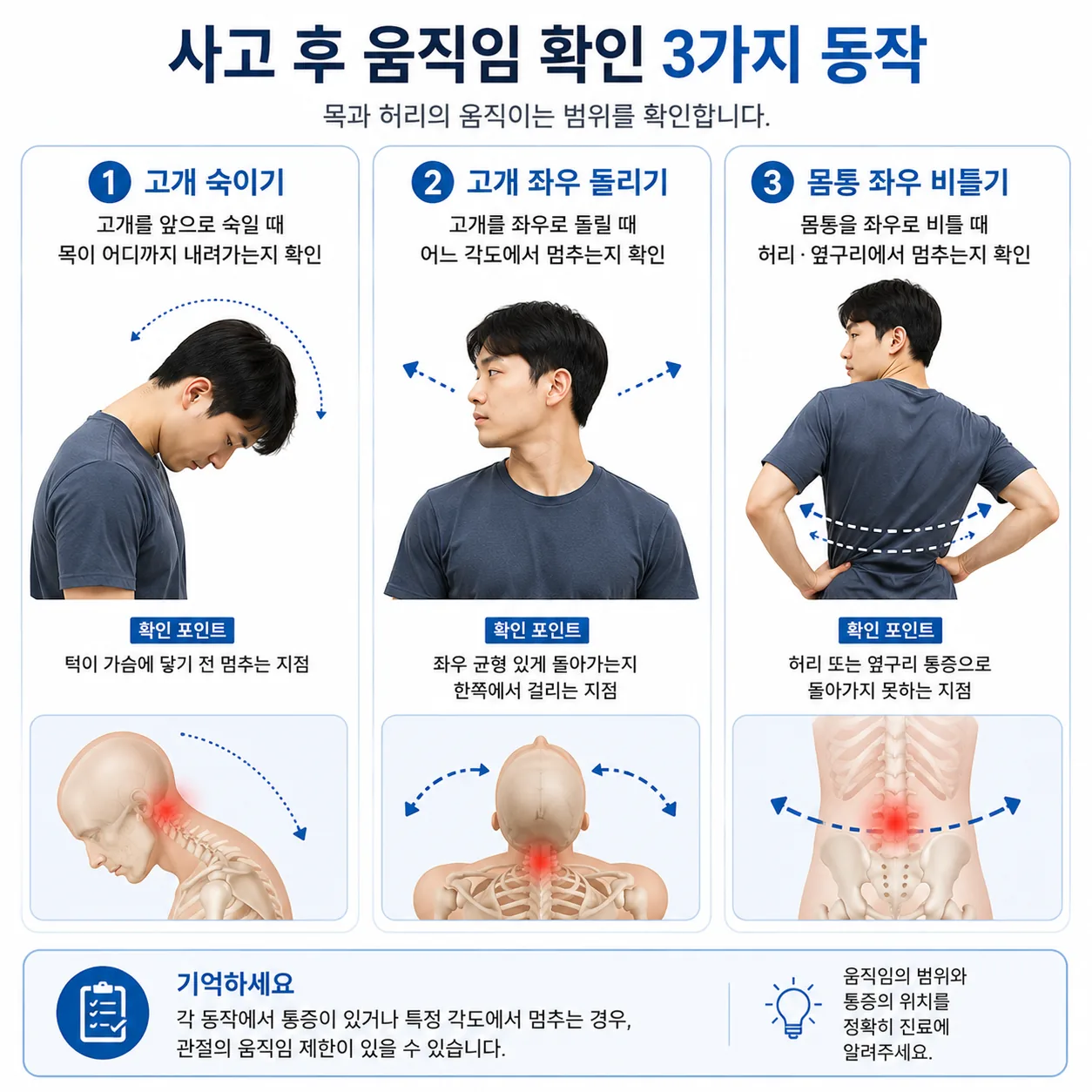 사고 후 목과 허리의 움직이는 범위를 확인하는 동작 예시