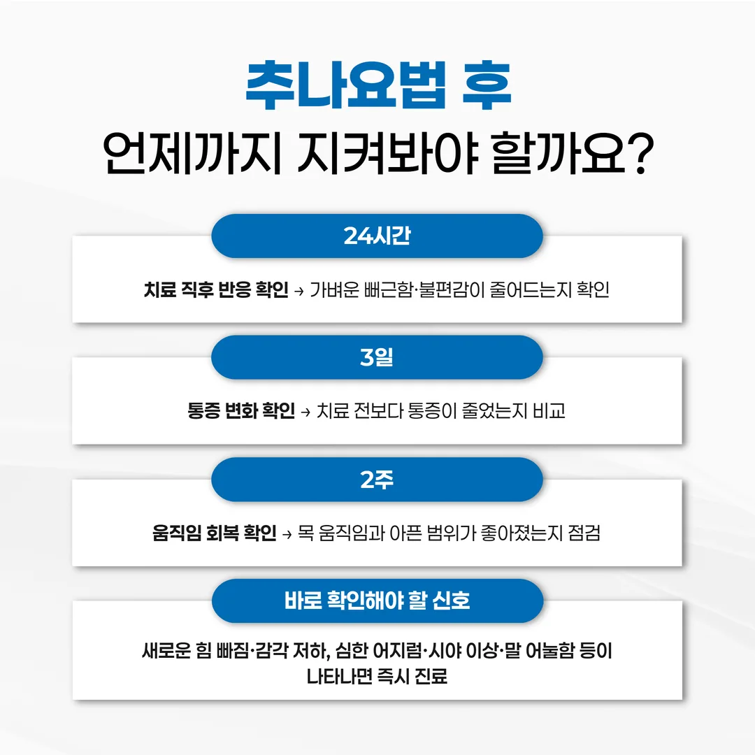 추나요법 후 24시간 사흘 2주 관찰 구간 타임라인