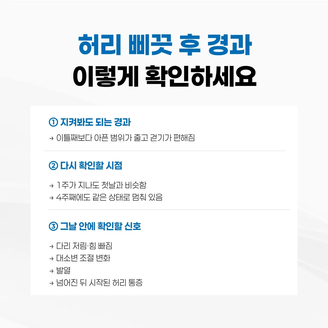 허리 삐끗 후 경과 시간축과 시점별 확인 항목 개념도