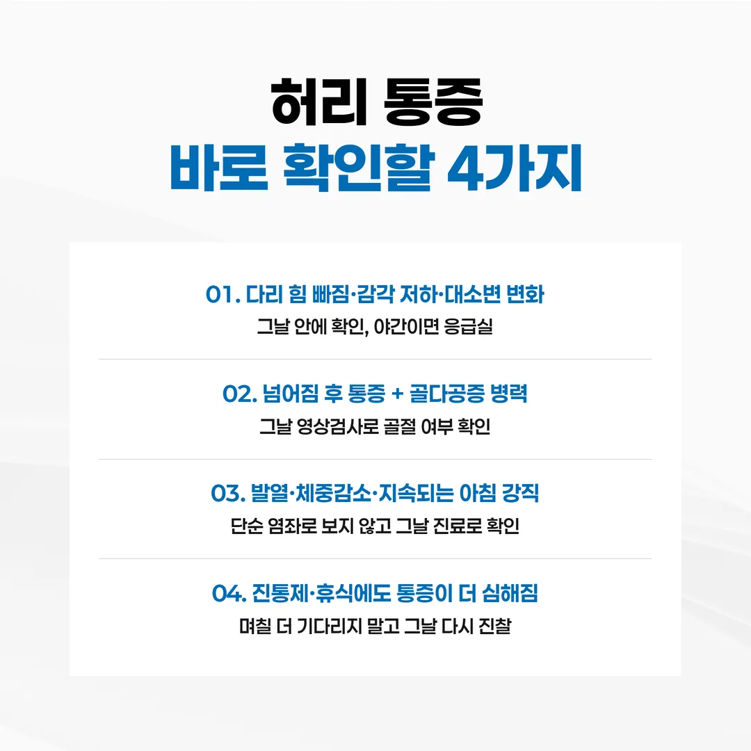 허리 통증에서 지켜보지 말아야 하는 네 가지 신호와 행동·시점 정리도