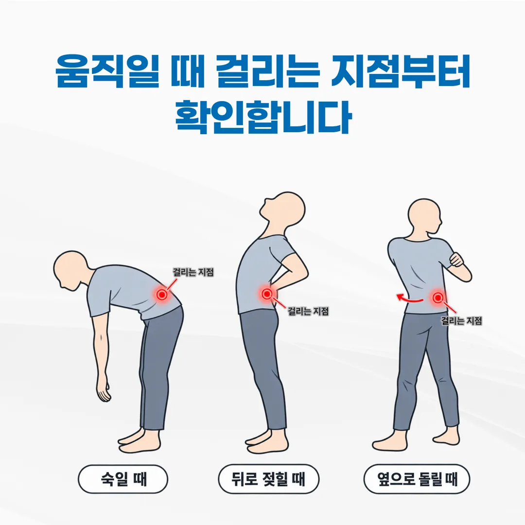허리를 숙이고 젖히고 돌리는 세 동작에서 통증이 걸리는 지점을 표시한 관찰 도식
