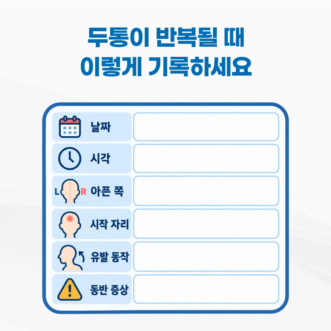 아픈 쪽과 시작 자리, 유발 동작을 적는 두통 기록표 예시