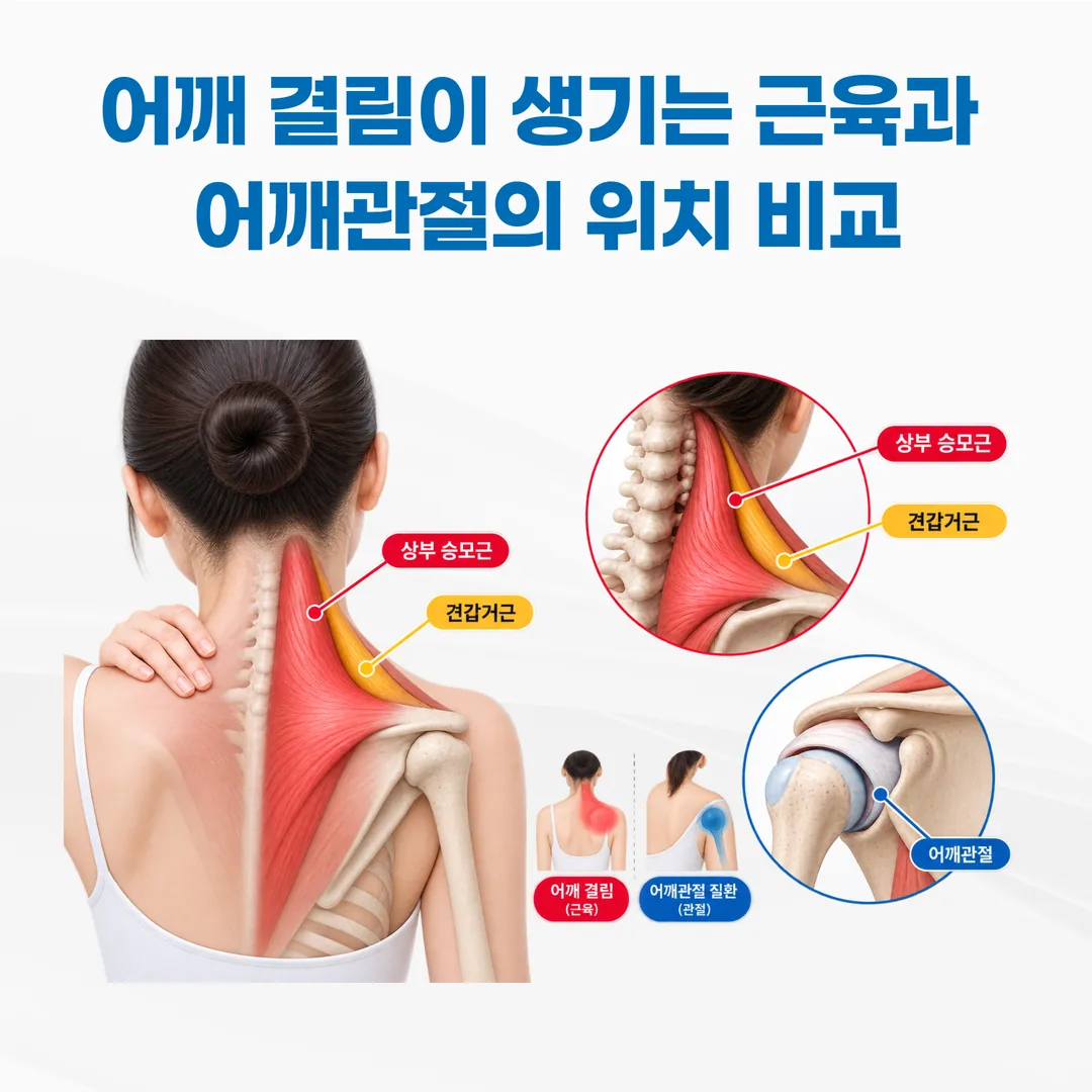 어깨 결림이 주로 발생하는 상부 승모근·견갑거근 부위를 어깨관절과 구분해 표시한 그림