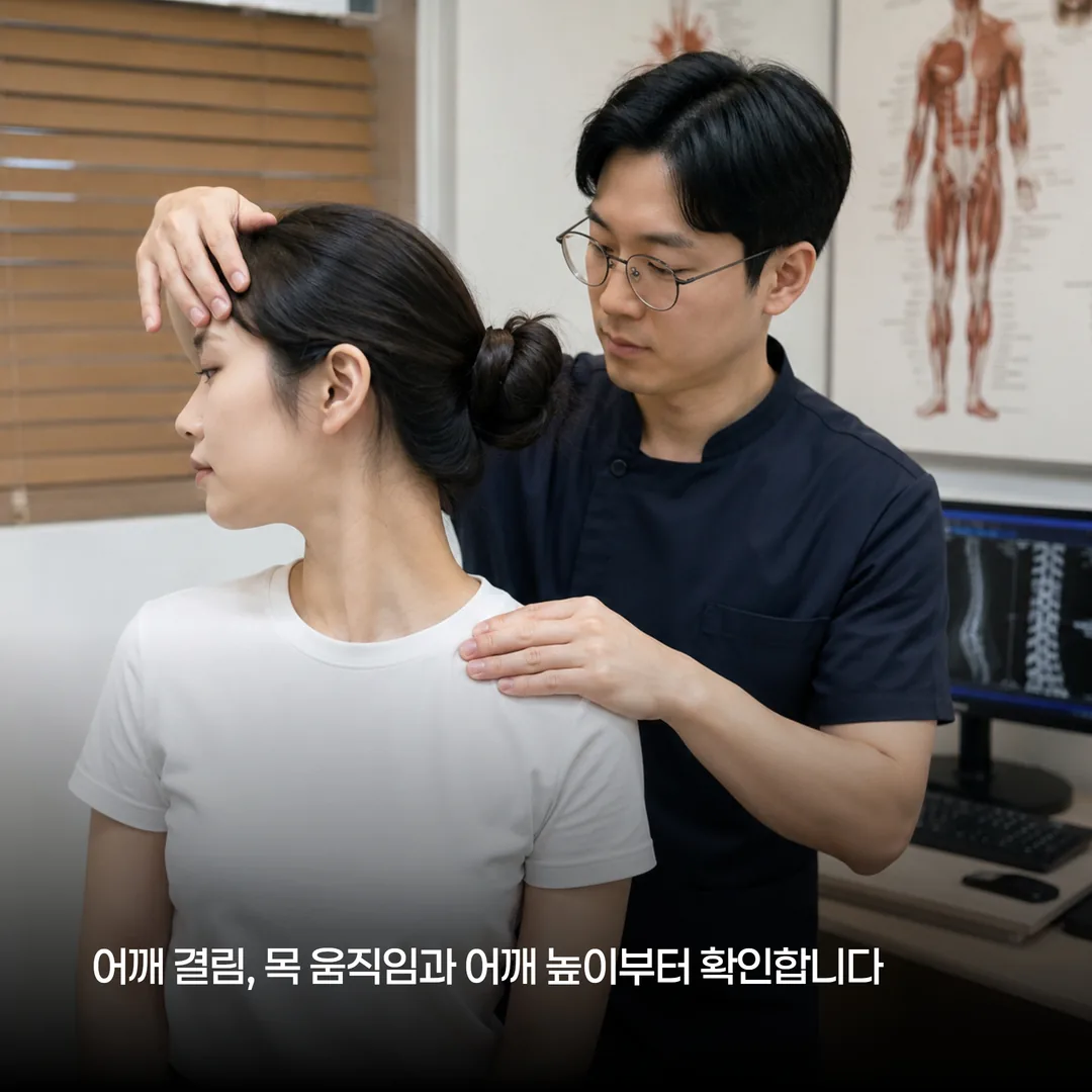 정본한의원 진료실에서 어깨 결림 환자의 목 움직임과 어깨 좌우 높이를 확인하는 모습